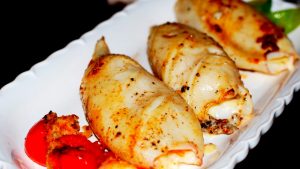 Фаршированные кальмары с сыром и шампиньонами