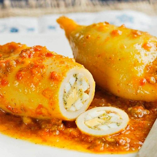 Фаршированные кальмары с сыром и шампиньонами Фаршированные кальмары с сыром и шампиньонами